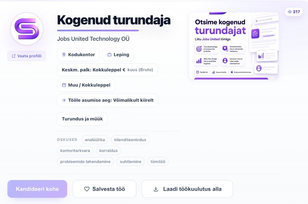 Nupp "Laadi töökuulutus alla" Jobs Unitedi töökuulutuse lehel